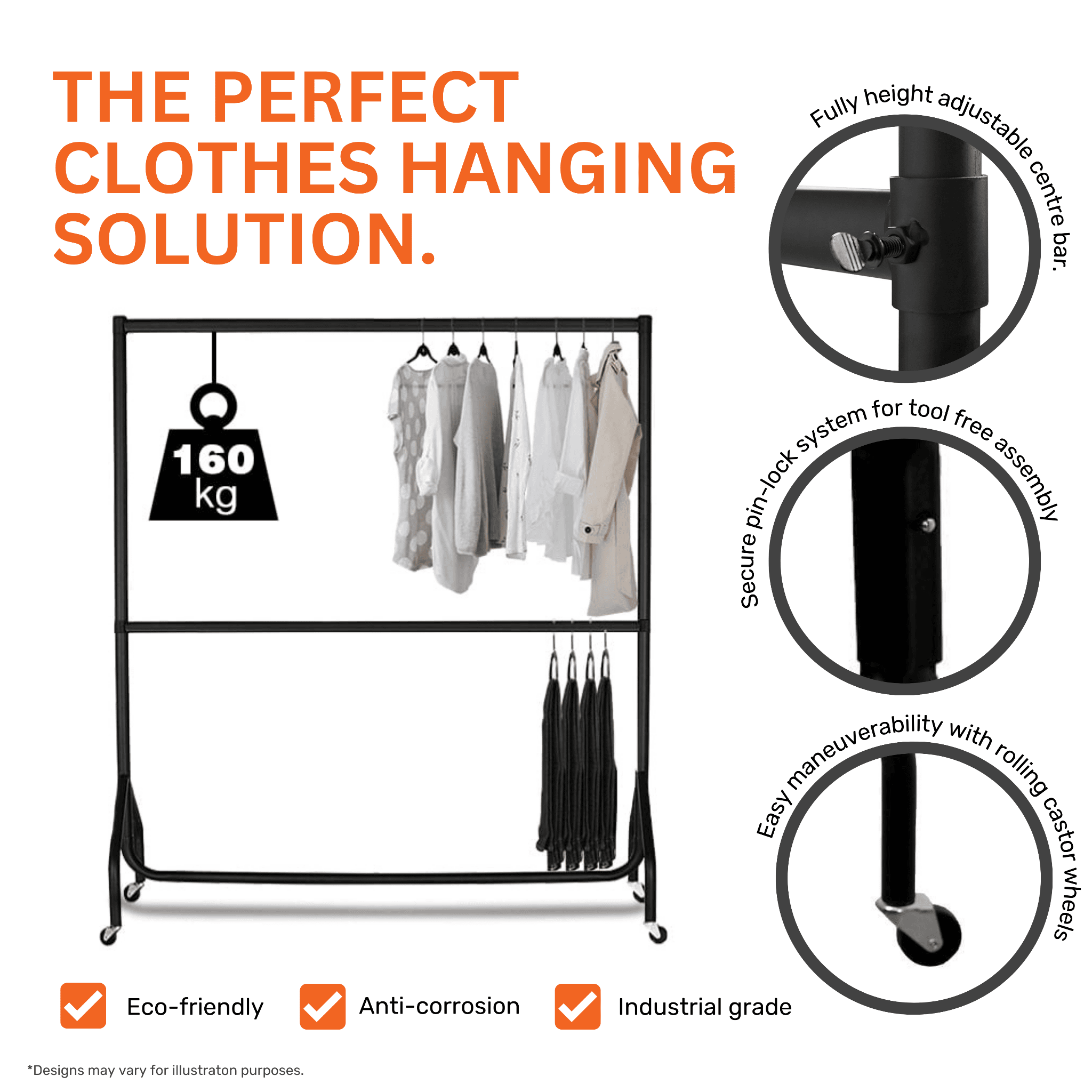 Commercial black steel rail – two-level 3ft wide freestanding garment rack with 160kg load for shop floors