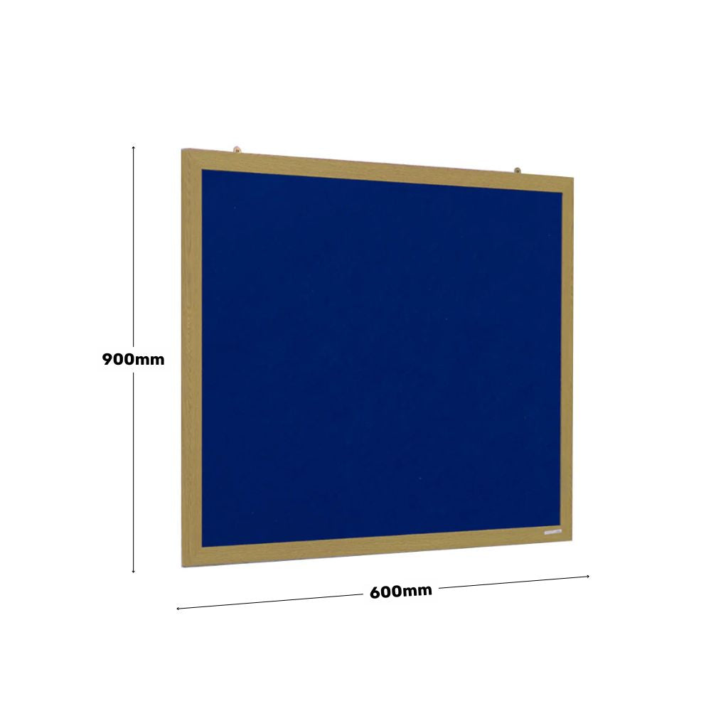 Blue fabric noticeboard with wooden frame shown on white background with overlaid dimensions of 900mm height and 600mm width.
