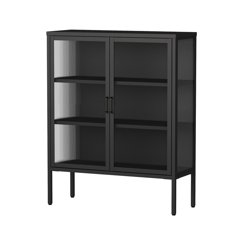 Black Double Door Reeded Glass Steel Display Cabinet with 3 Tiers of Shelving - 900mm Wide x 1000mm High