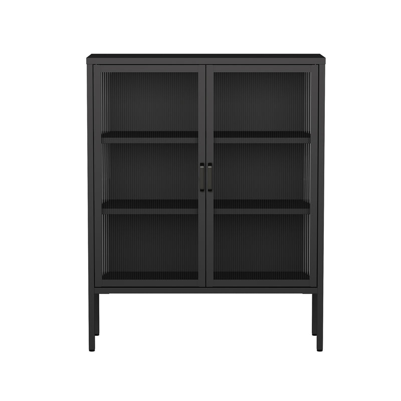 Black Double Door Reeded Glass Steel Display Cabinet with 3 Tiers of Shelving - 900mm Wide x 1000mm High