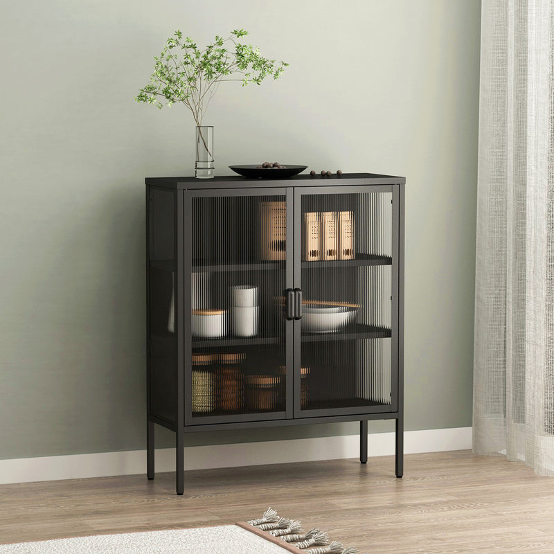 Black Double Door Reeded Glass Steel Display Cabinet with 3 Tiers of Shelving - 900mm Wide x 1000mm High