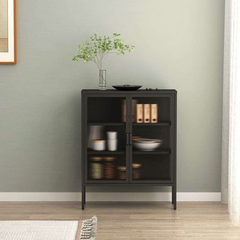 Black Double Door Reeded Glass Steel Display Cabinet with 3 Tiers of Shelving - 900mm Wide x 1000mm High