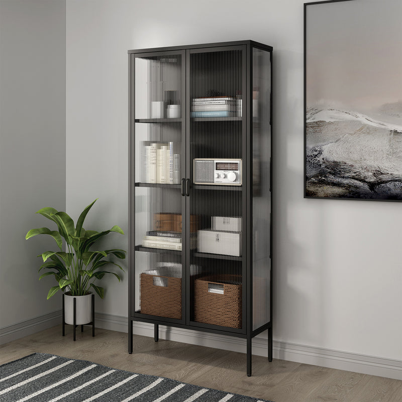 Tall Black Double Door Reeded Glass Steel Display Cabinet with 4 Tiers of Shelving - 1900mm High x 900mm Wide