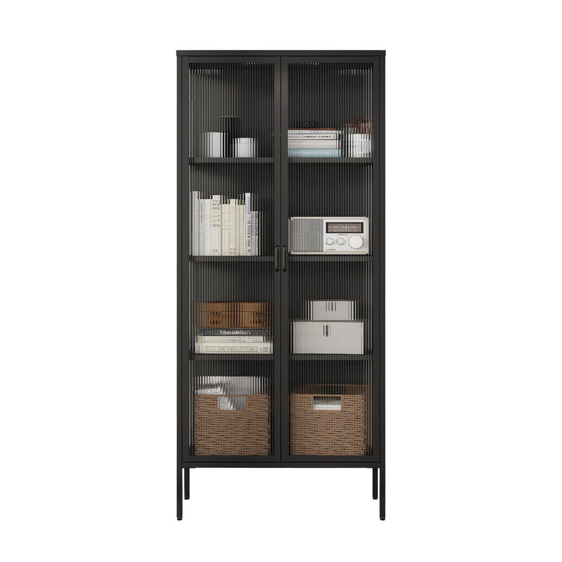 Tall Black Double Door Reeded Glass Steel Display Cabinet with 4 Tiers of Shelving - 1900mm High x 900mm Wide