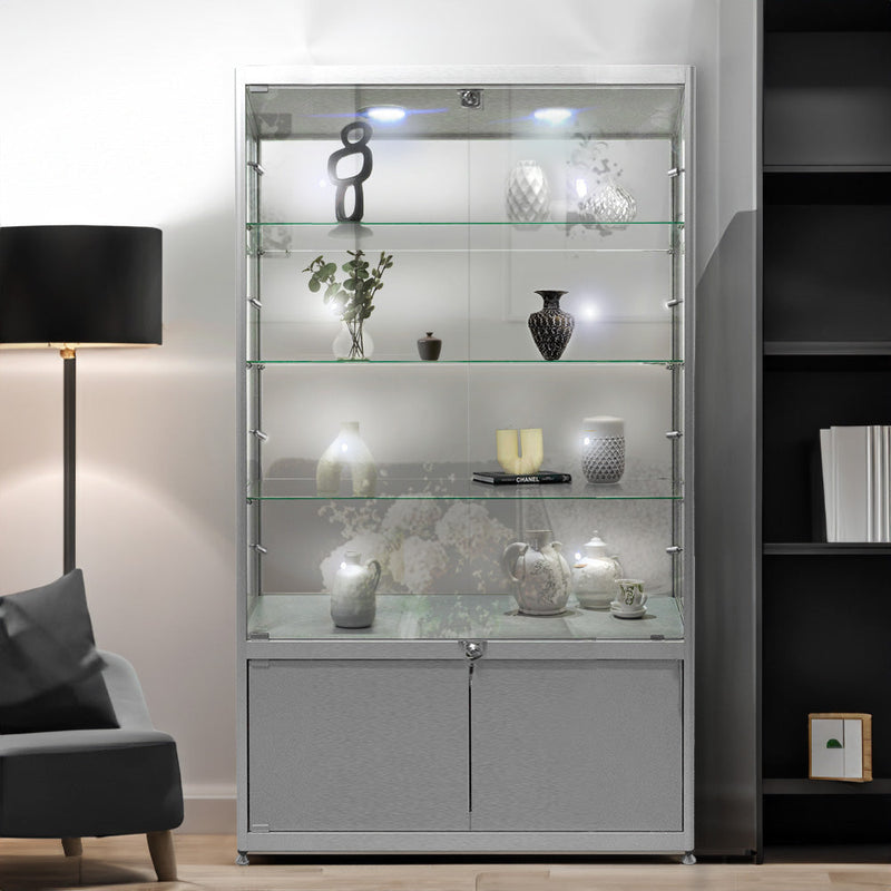 Silver Aluminium Lockable Glass Storage Display Cabinet with 3 Adjustable Shelves & LED Light Panel 1800mm High x 1000mm Wide