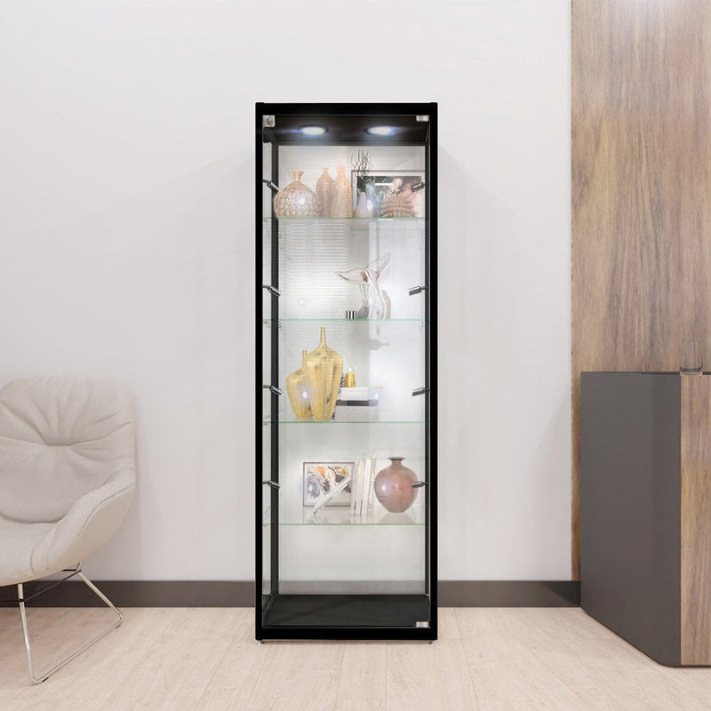 Black Aluminium Glass Display Cabinet Lockable with 4 Adjustable Shelves & 10 LED Lights 1800mm High x 600mm Wide