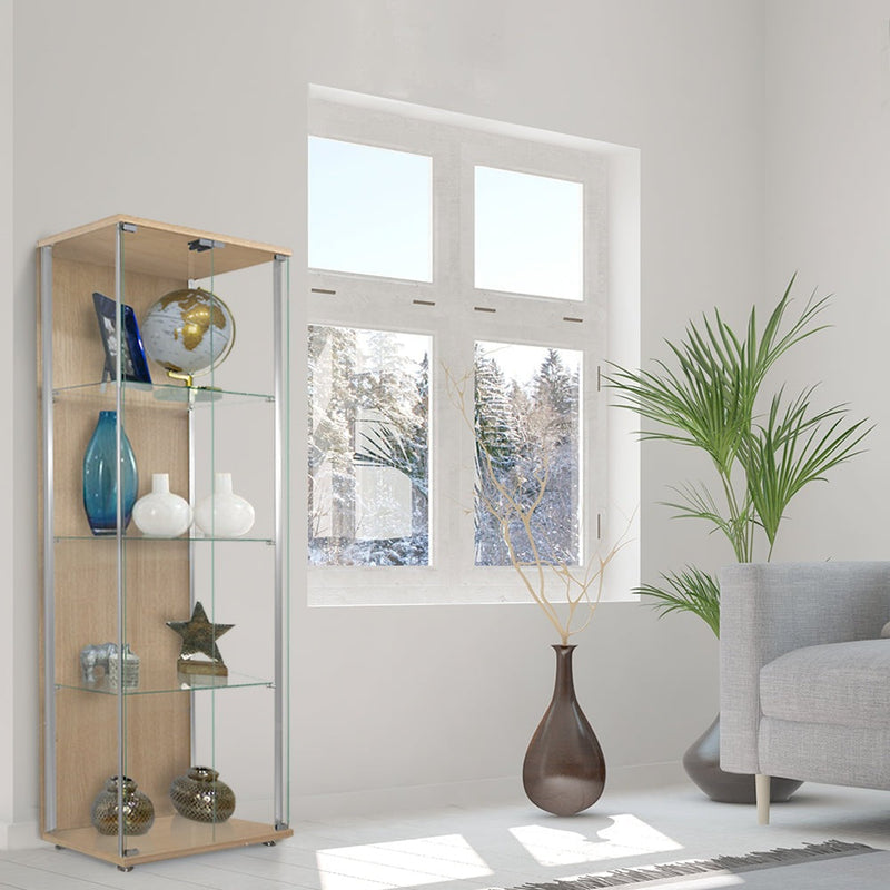 Oak Glass Double Door Display Cabinet with 3 Adjustable Shelves 605mm Wide