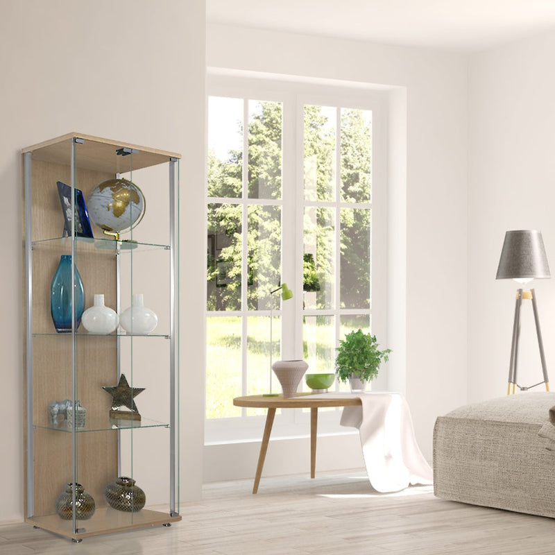 Oak Glass Double Door Display Cabinet with 3 Adjustable Shelves 605mm Wide