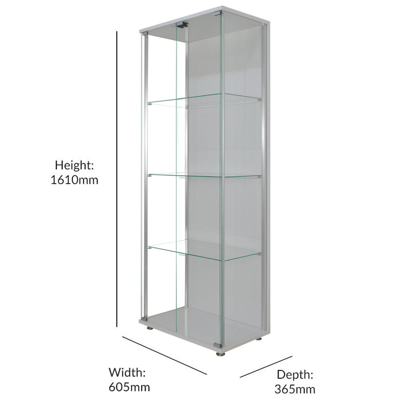 Silver Glass Double Door Display Cabinet with 3 Adjustable Shelves - 605mm Wide