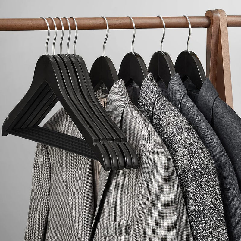 Pack of 10 Black Wooden Clothes Hangers with Trouser Bar - 44cm
