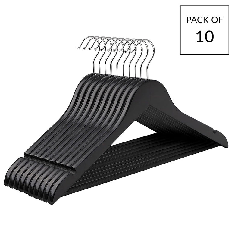 Pack of 10 Black Wooden Clothes Hangers with Trouser Bar - 44cm