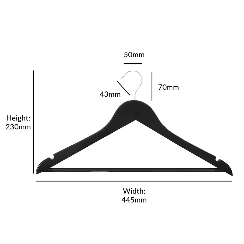 Pack of 10 Black Wooden Clothes Hangers with Trouser Bar - 44cm