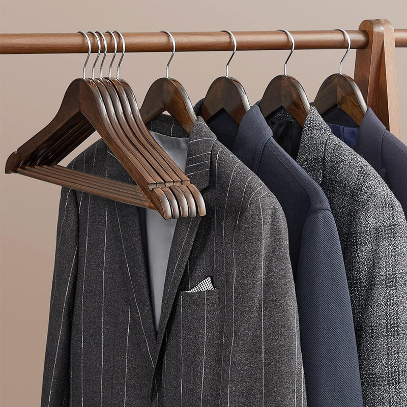 Pack of 10 Walnut Wooden Clothes Hangers with Trouser Bar - 44cm