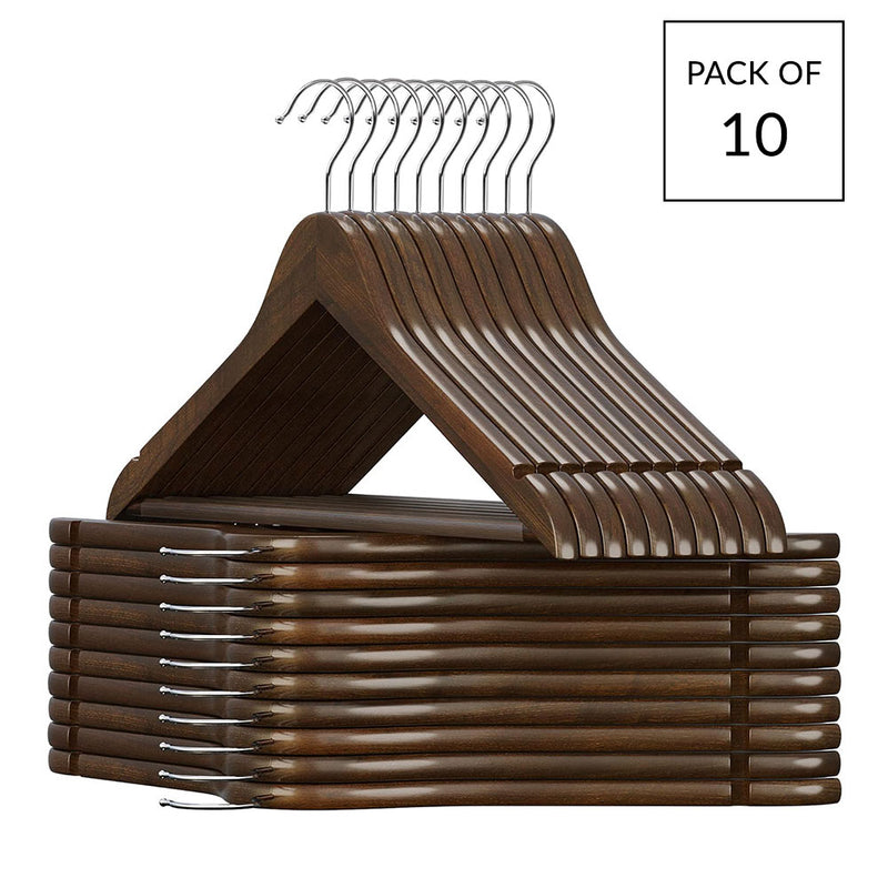 Pack of 10 Walnut Wooden Clothes Hangers with Trouser Bar - 44cm