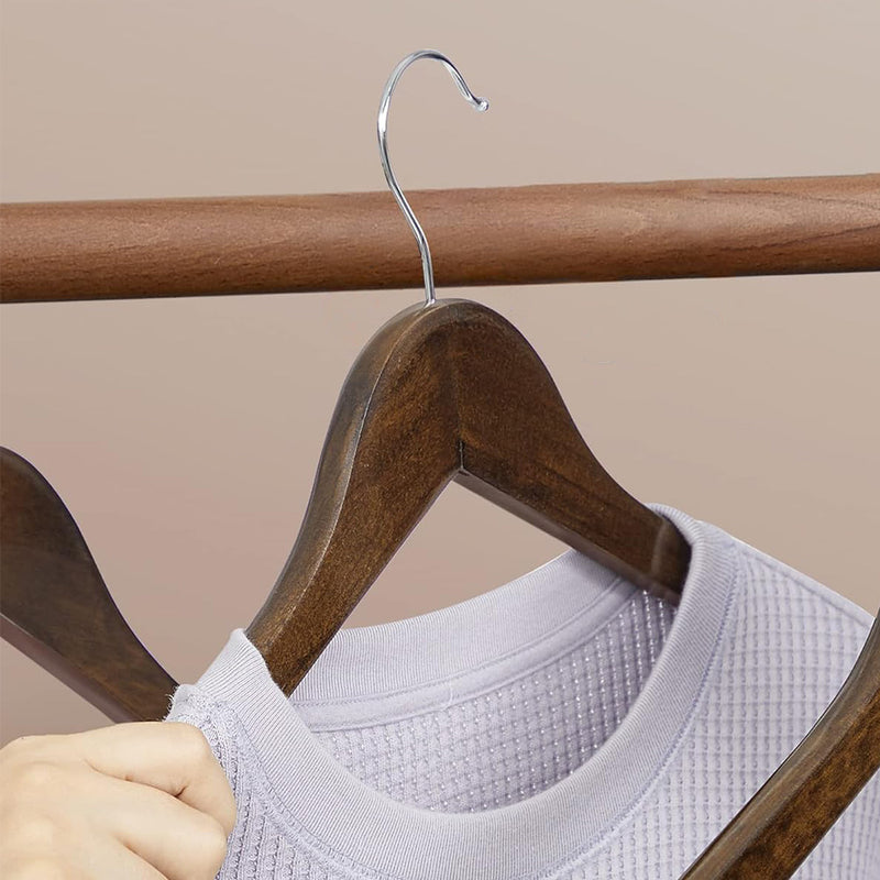 Pack of 10 Walnut Wooden Clothes Hangers with Trouser Bar - 44cm