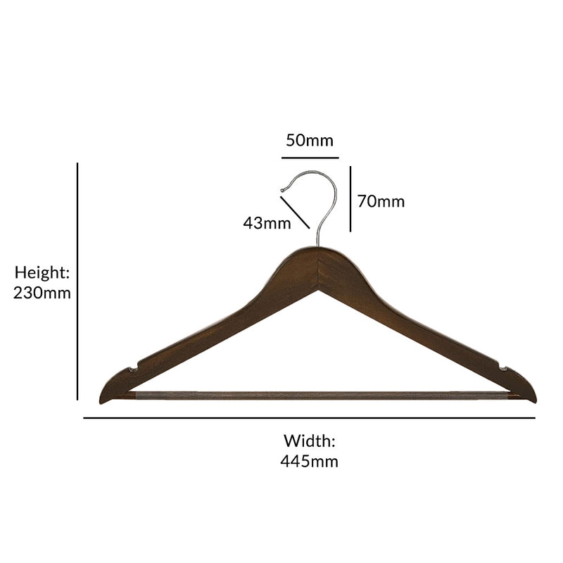 Pack of 10 Walnut Wooden Clothes Hangers with Trouser Bar - 44cm