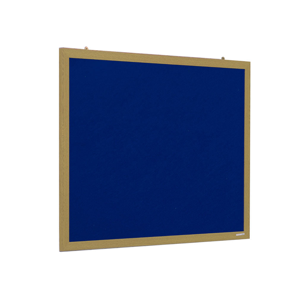 A 900 x 600mm eco-friendly blue felt noticeboard with a stylish wood-effect frame, perfect for home offices or classrooms.