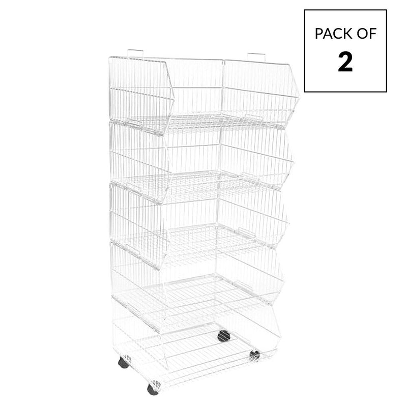 5 Tier Collapsible Wire Stacking Basket Unit - White