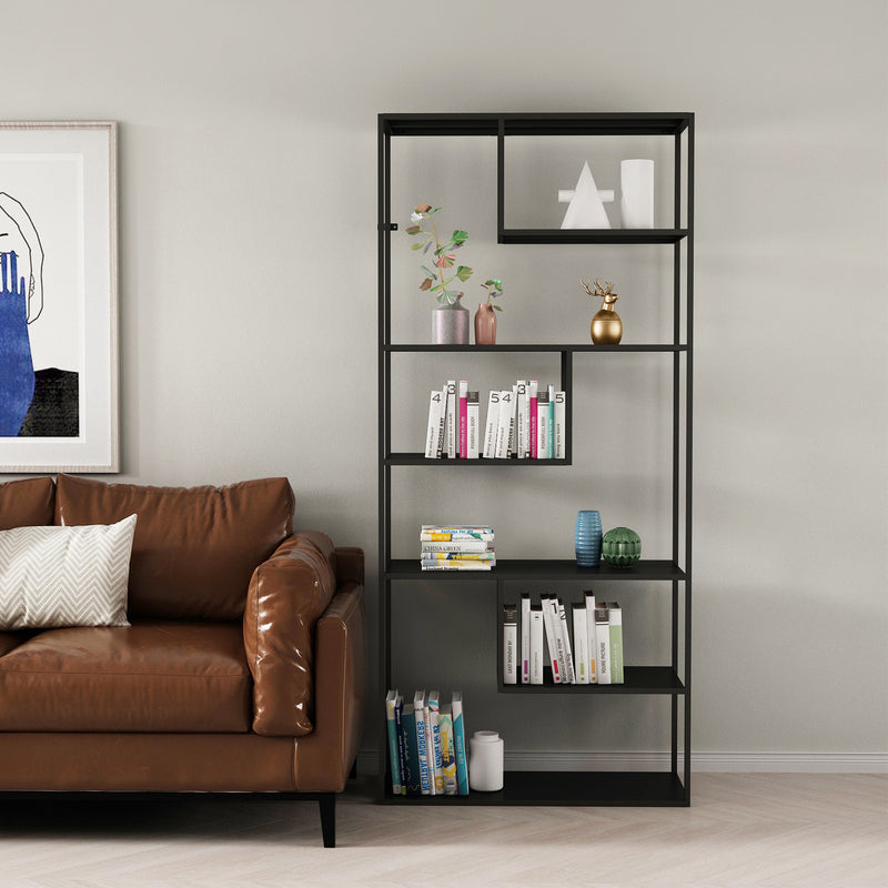 Black 6-Tier Geometric Steel Shelving Unit - 1880mm High x 850mm Wide