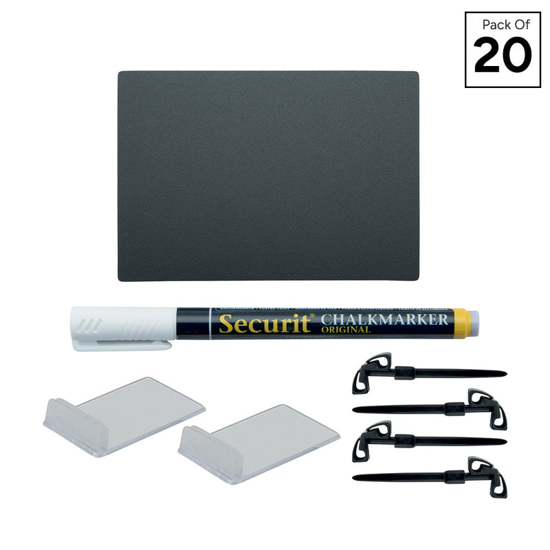 Set of 20 A7 Chalkboard Tags with Display Holders, Spikes and Chalk Pen