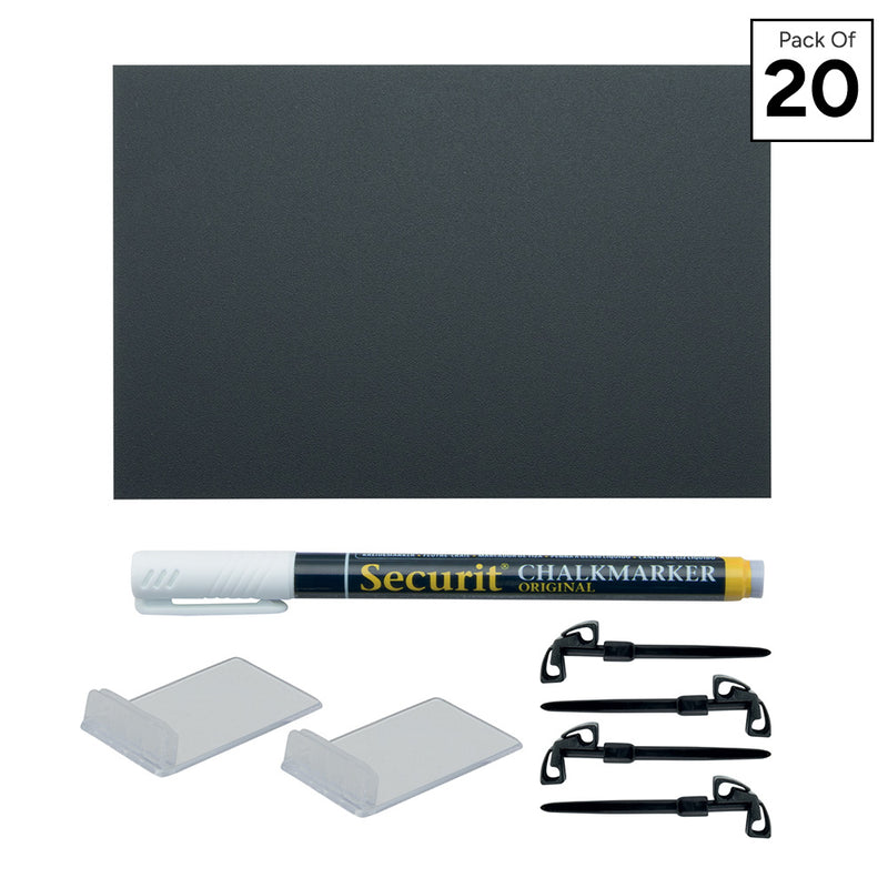Set of 20 A6 Chalkboard Tags with Display Stands, Spikes and Chalk Pen