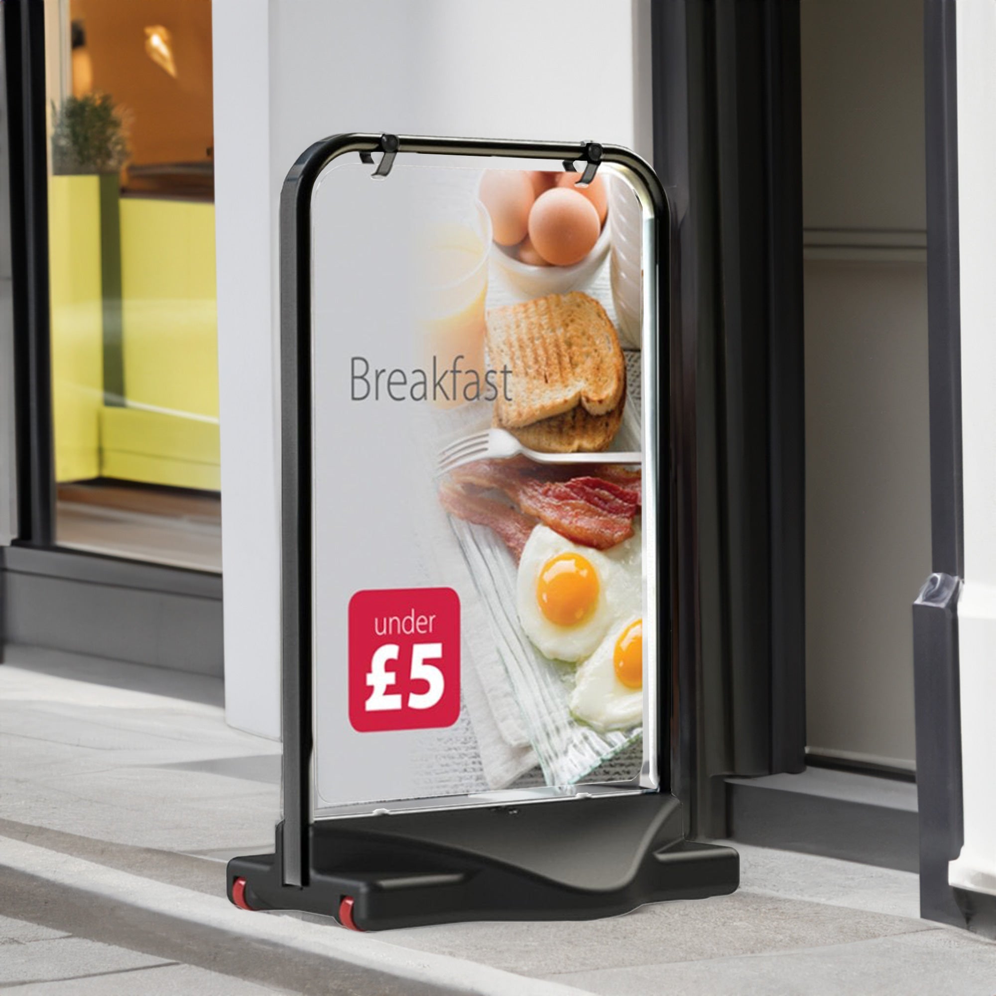 A1 black swing pavement sign – double-sided poster board with stable water base for retail or footpath marketing