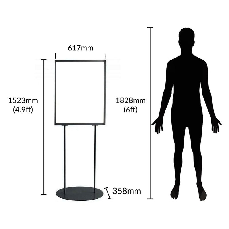 Black A1 Floor Standing Aluminium Info-board Poster Display Stand with Oval Base - 617mm Wide x 1525mm High