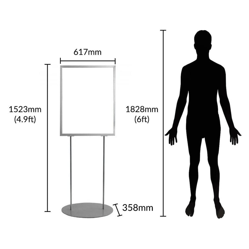 Silver A1 Floor Standing Aluminium Info-board Poster Display Stand with Oval Base - 617mm Wide x 1525mm High