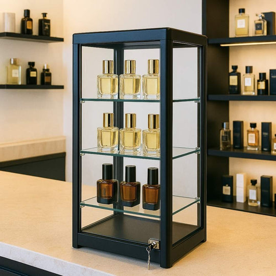 Black Aluminium Glass Countertop Display Cabinet with 3 Shelves