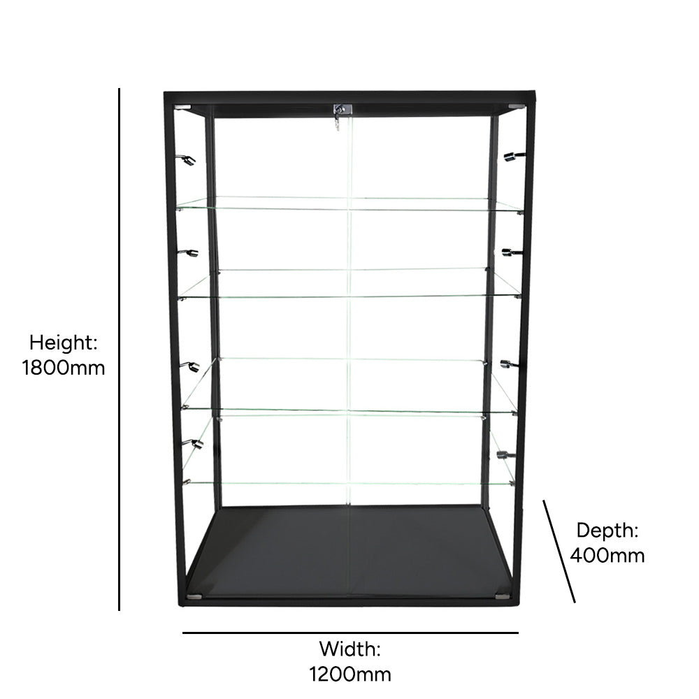 Tall black glass cabinet – aluminium construction with 4 adjustable shelves and LED lighting for visual merchandising