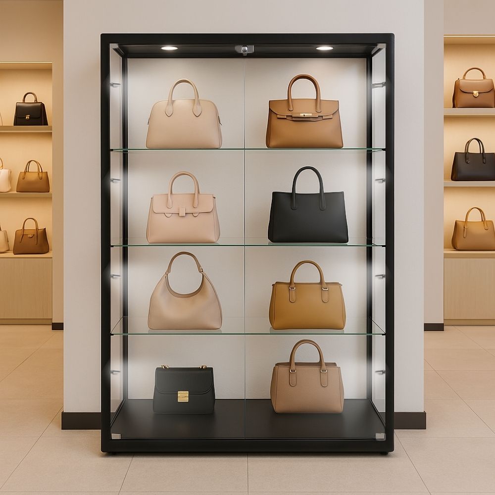 Large black aluminium glass cabinet – 1800mm tall, 1200mm wide display with 4 shelves and 10 LED lights for high-end retail