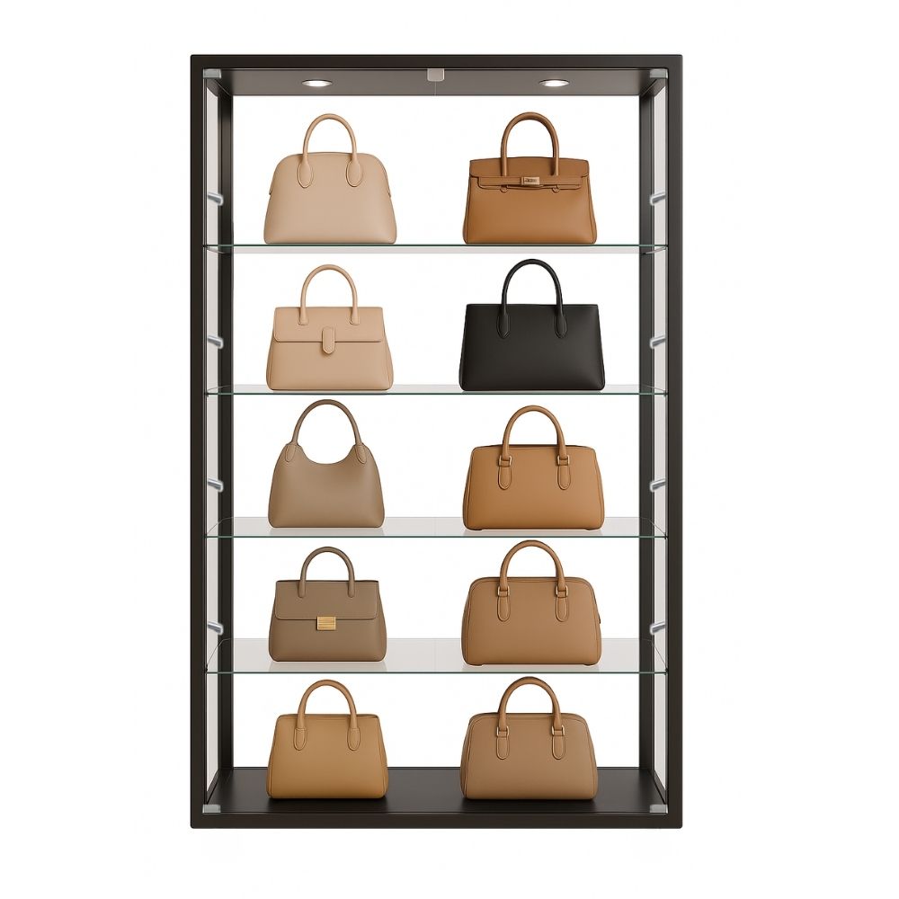 Black lockable glass display – aluminium cabinet with 4 adjustable shelves and 10 LEDs, 1800mm high x 1200mm wide