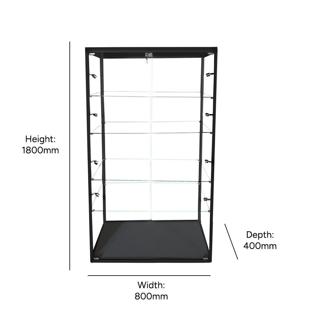 Aluminium glass cabinet in black – 800mm wide display with secure lock, LED lights, and four glass shelves