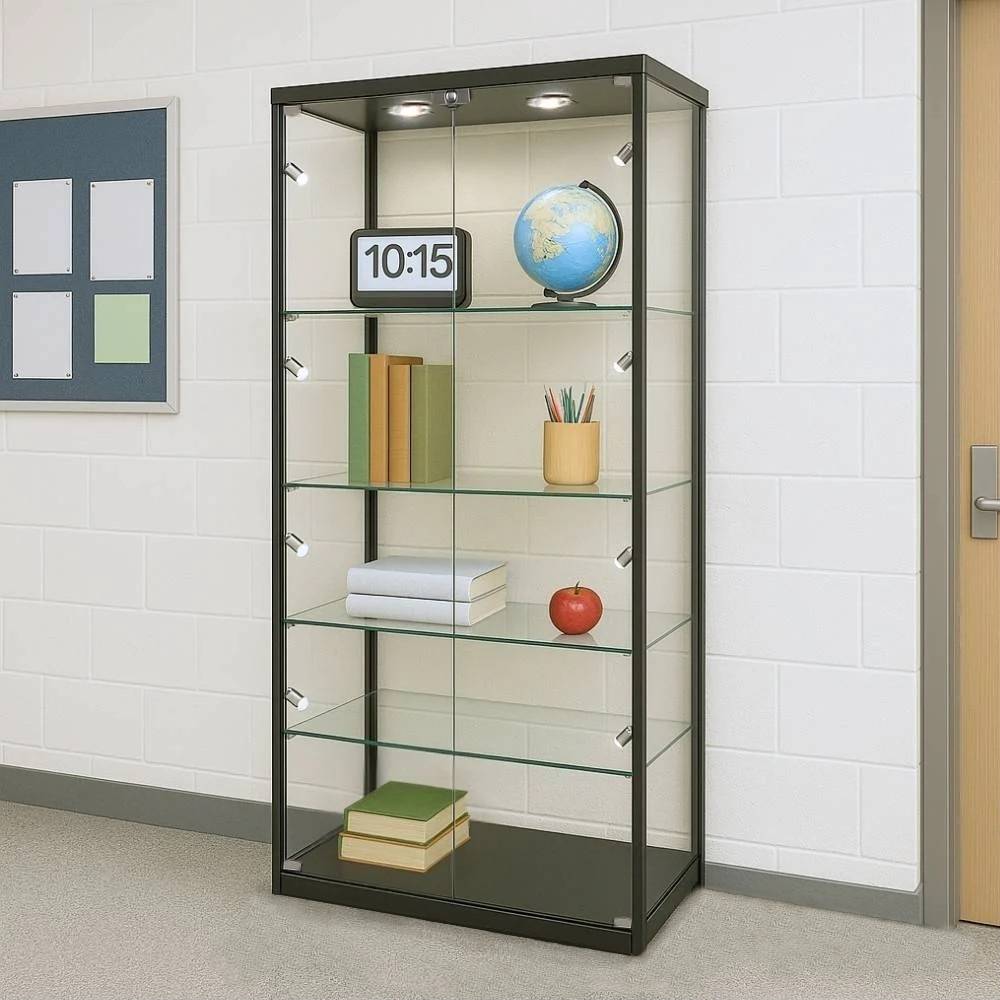 Black aluminium glass display cabinet – 1800mm high x 800mm wide with 4 adjustable shelves and 10 LED lights for retail