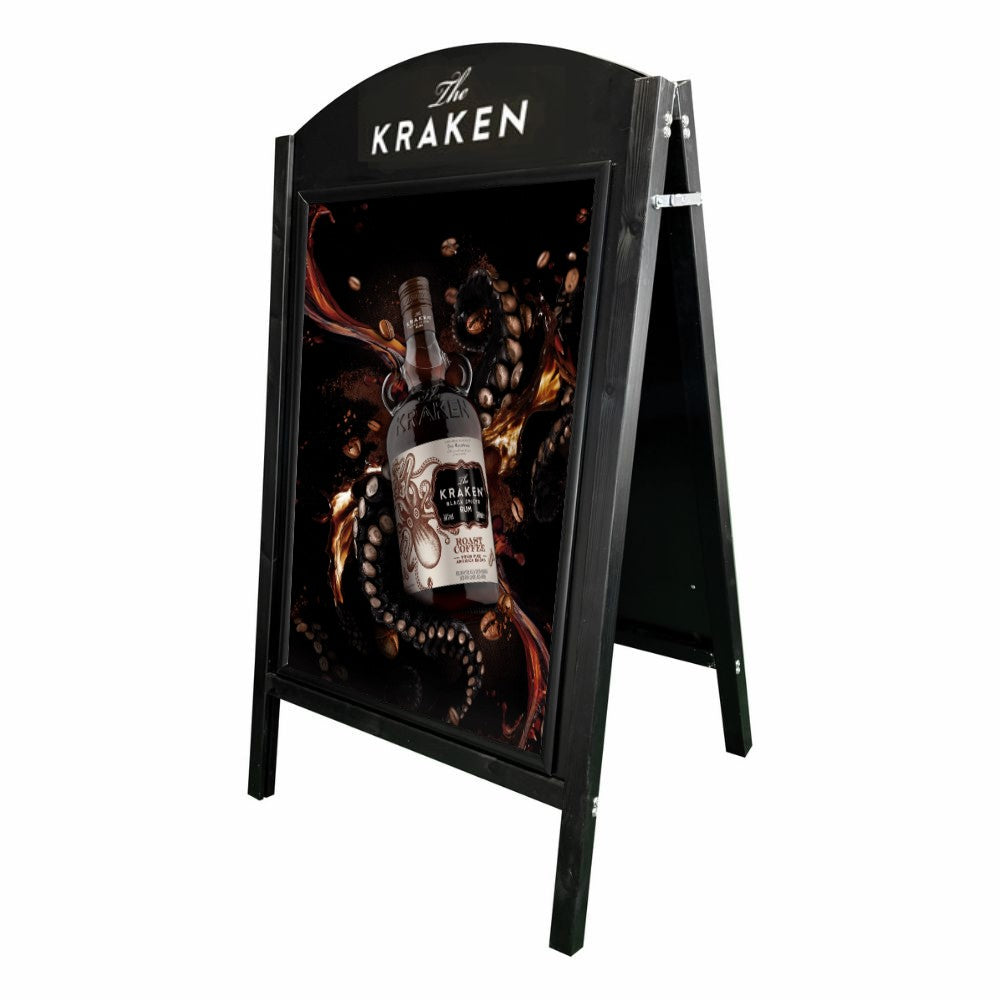 This A1 black curved wooden pavement sign combines a traditional chalkboard with a modern snap frame, offering a flexible and professional signage solution for businesses.