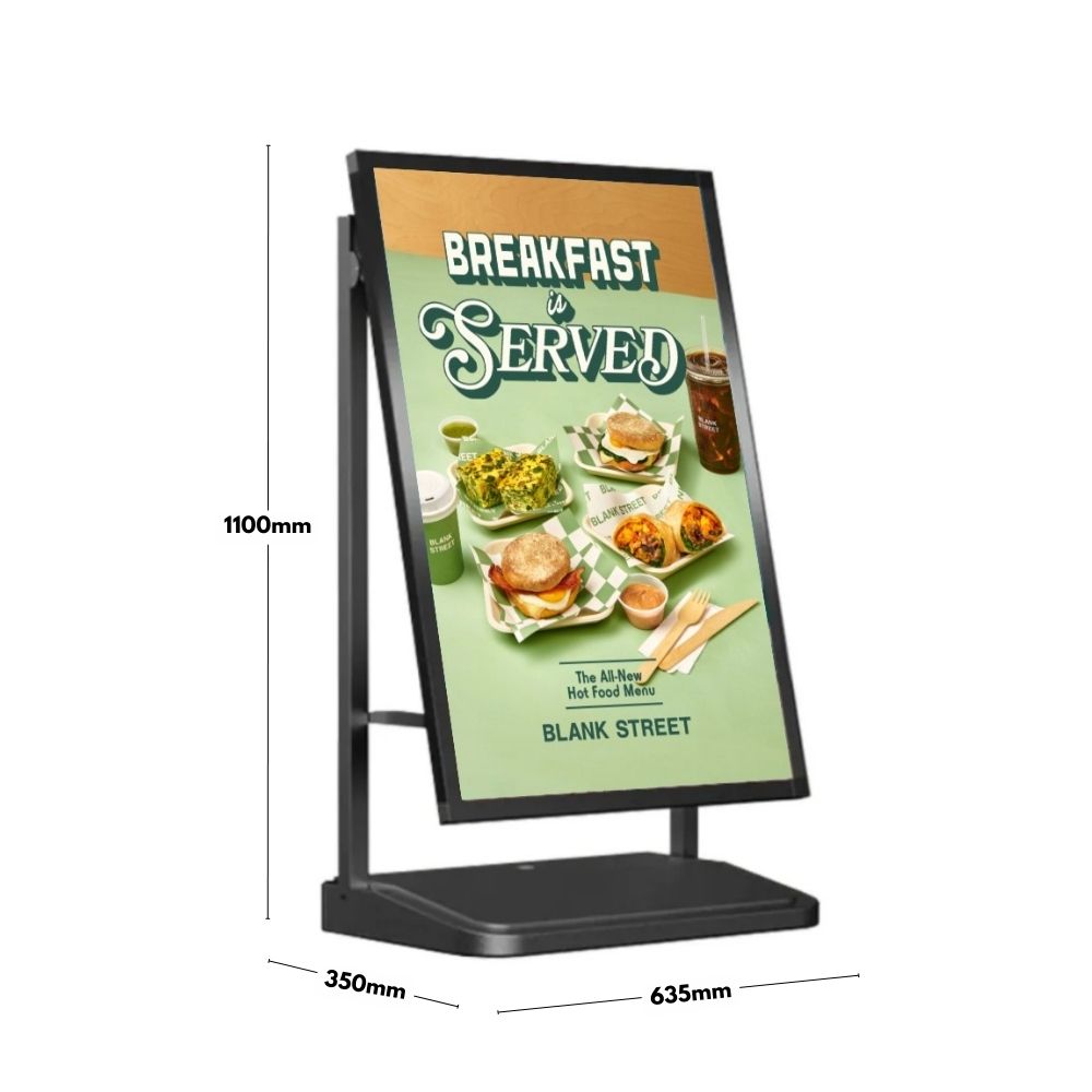 Space-saving black pavement sign – A1 poster display with refillable water base for windy areas