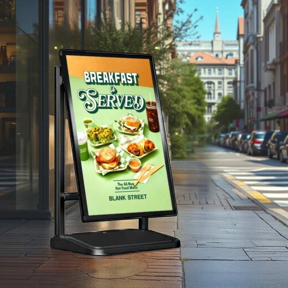 Compact A1 black pavement sign – space-saving water base display for shops and forecourts