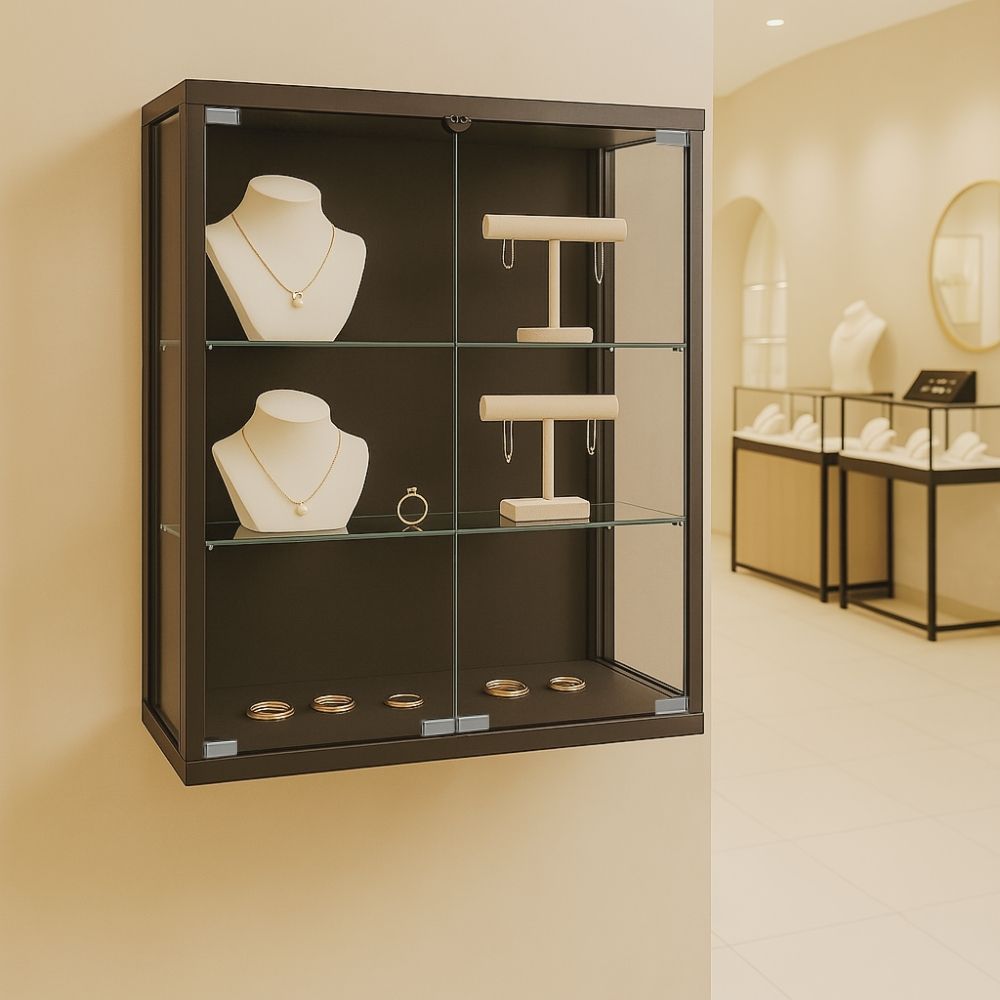 Black wall-mounted display cabinet – 600mm wide with twin glass doors and 2 adjustable interior shelves for secure showcasing