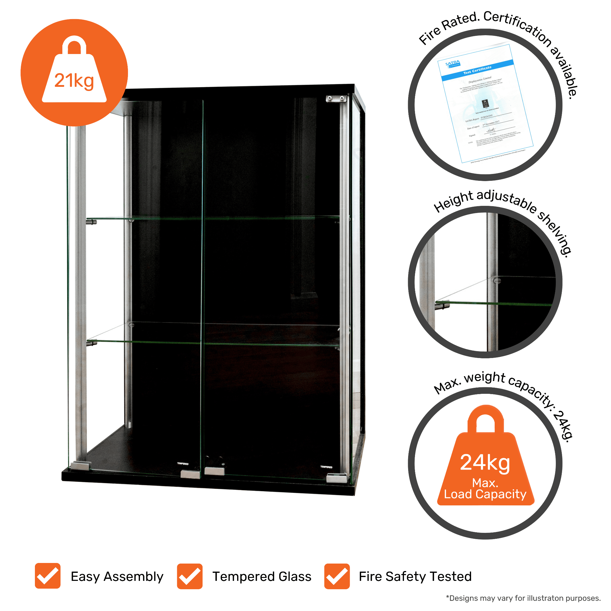 Compact black display cabinet – wall-mounted unit with 2 adjustable shelves and dual glass doors
