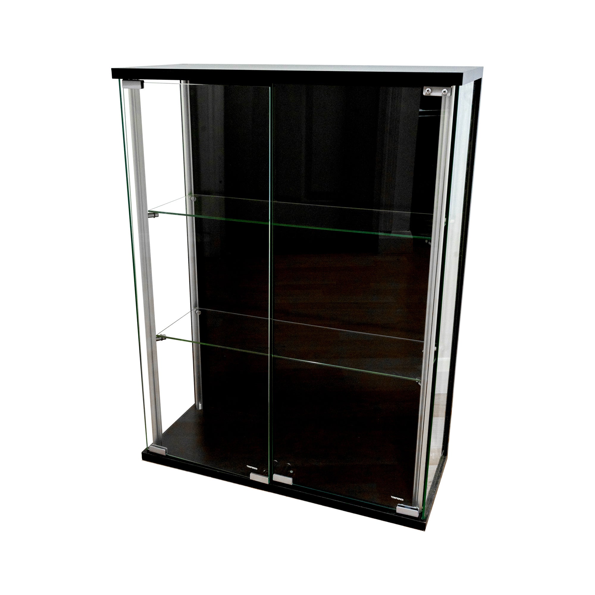 Modern black wall cabinet – 600mm wide glass display with double doors and repositionable shelves for home or retail