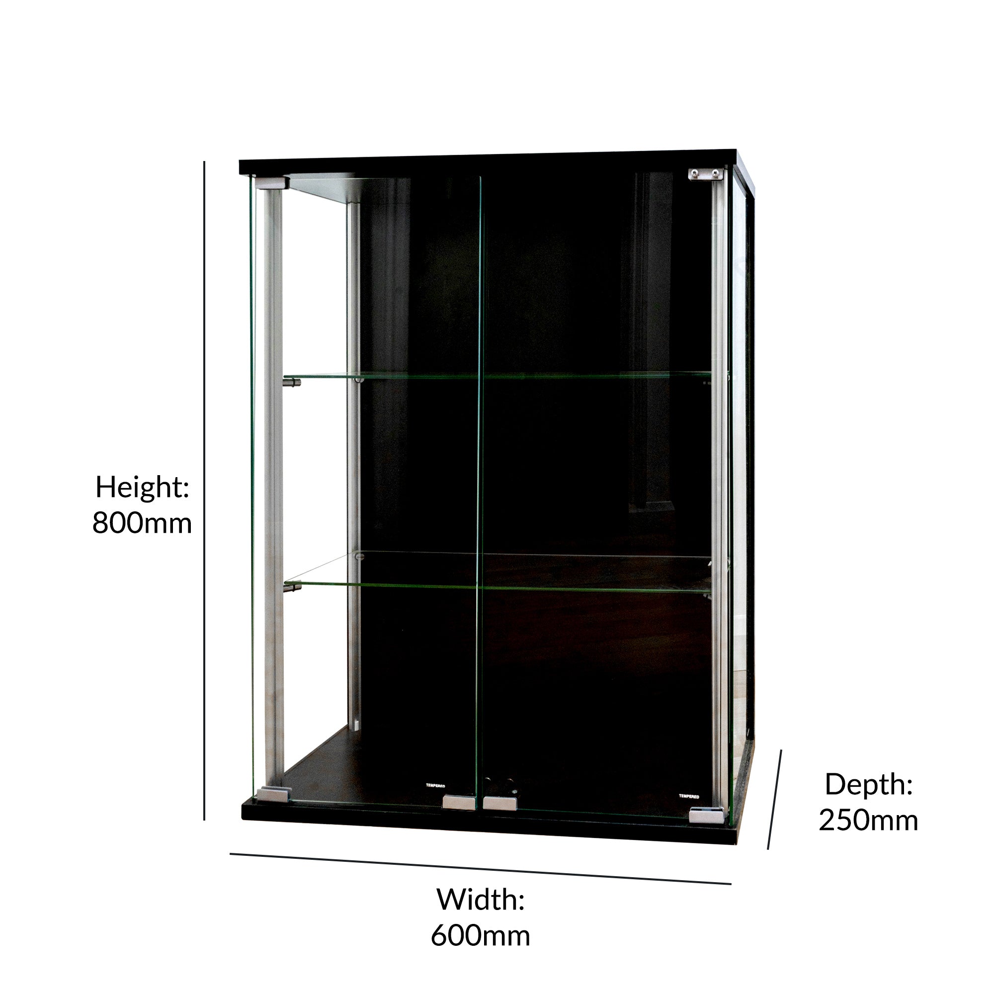 Black twin-door wall cabinet – 600mm wide display unit with 2 movable shelves and glass doors for clear visibility