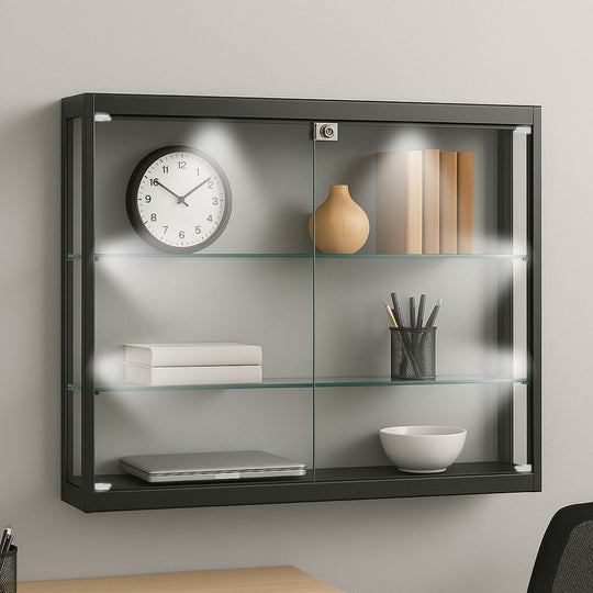 Black Wall Mounted Lockable Glass Display Cabinet with 2 Adjustable Shelves and 6 Spotlights 1000mm Wide