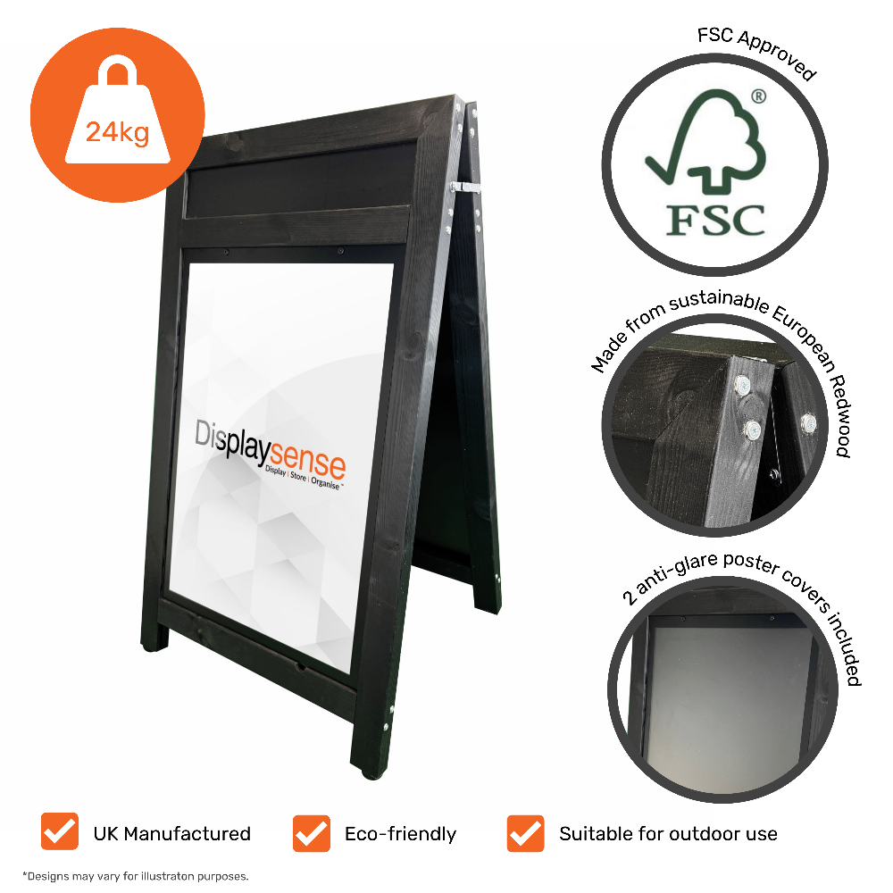 Durable black wooden A1 A-board with a built-in header, great for eye-catching outdoor advertising and signage.