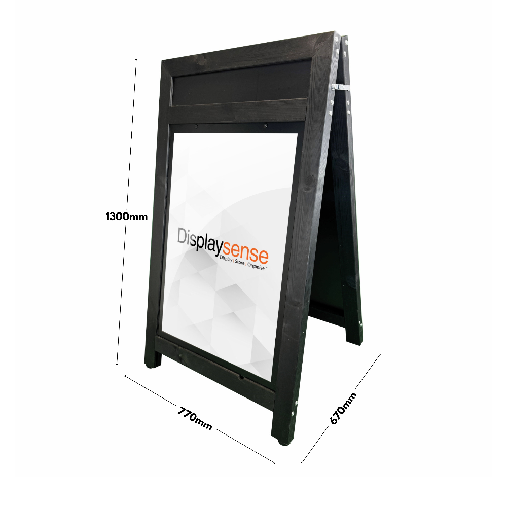Freestanding A1 black wooden pavement sign with a top header panel, perfect for displaying menus, offers, and promotions.