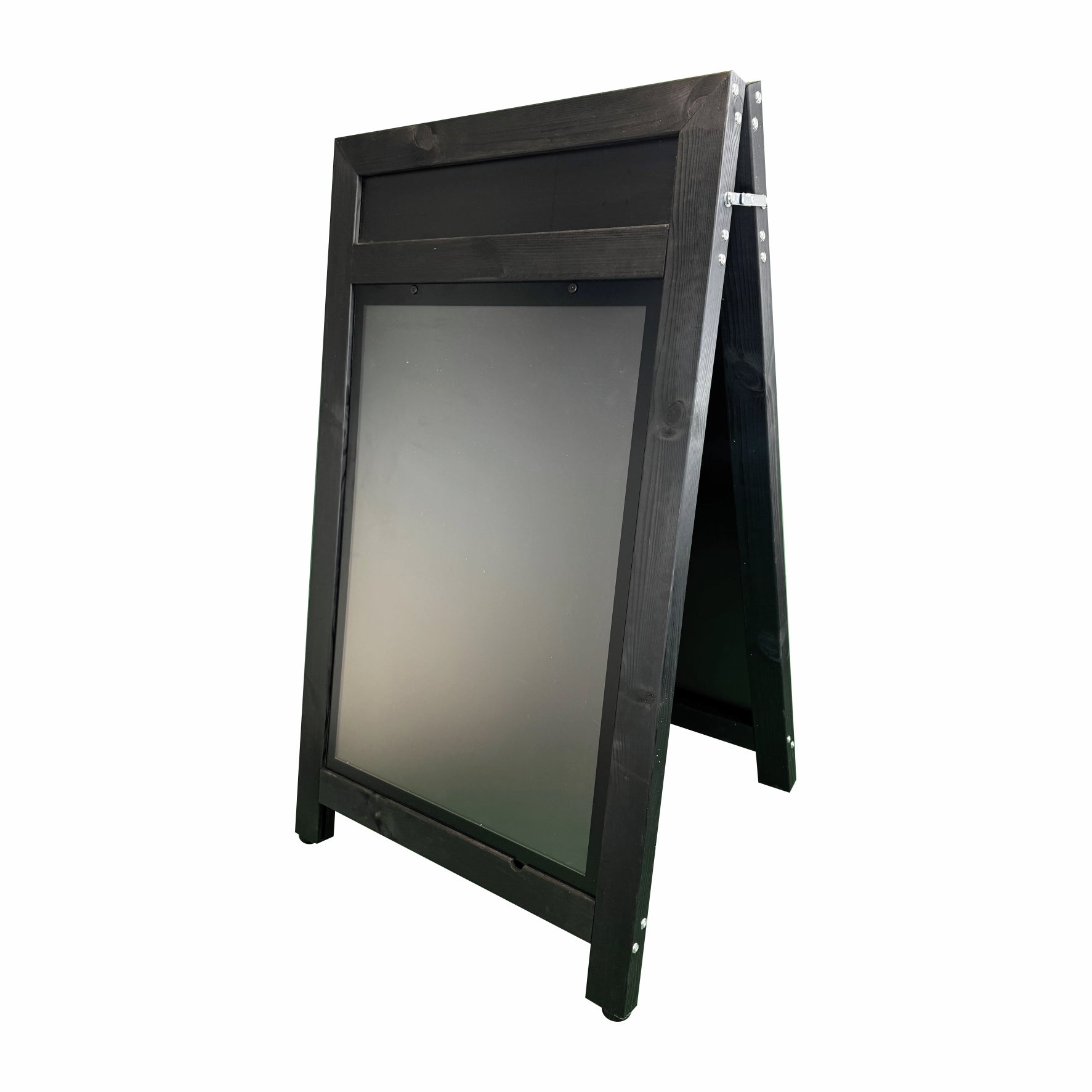 Stylish A1 black wooden A-frame pavement sign featuring a header panel, ideal for branding and custom messaging.