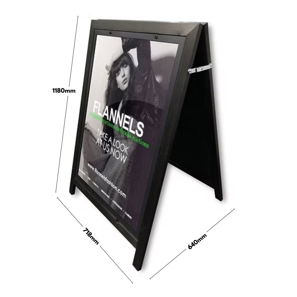 Weather-resistant A1 black wooden pavement sign with a poster holder, great for displaying menus, offers, and notices.