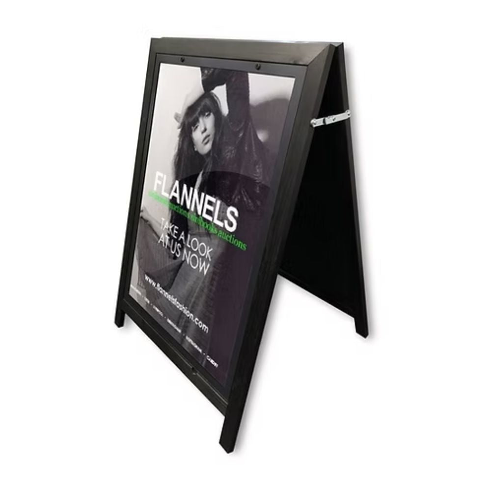 Durable A1 black wooden A-frame pavement sign with a secure poster holder, ideal for shops, cafés, and events.