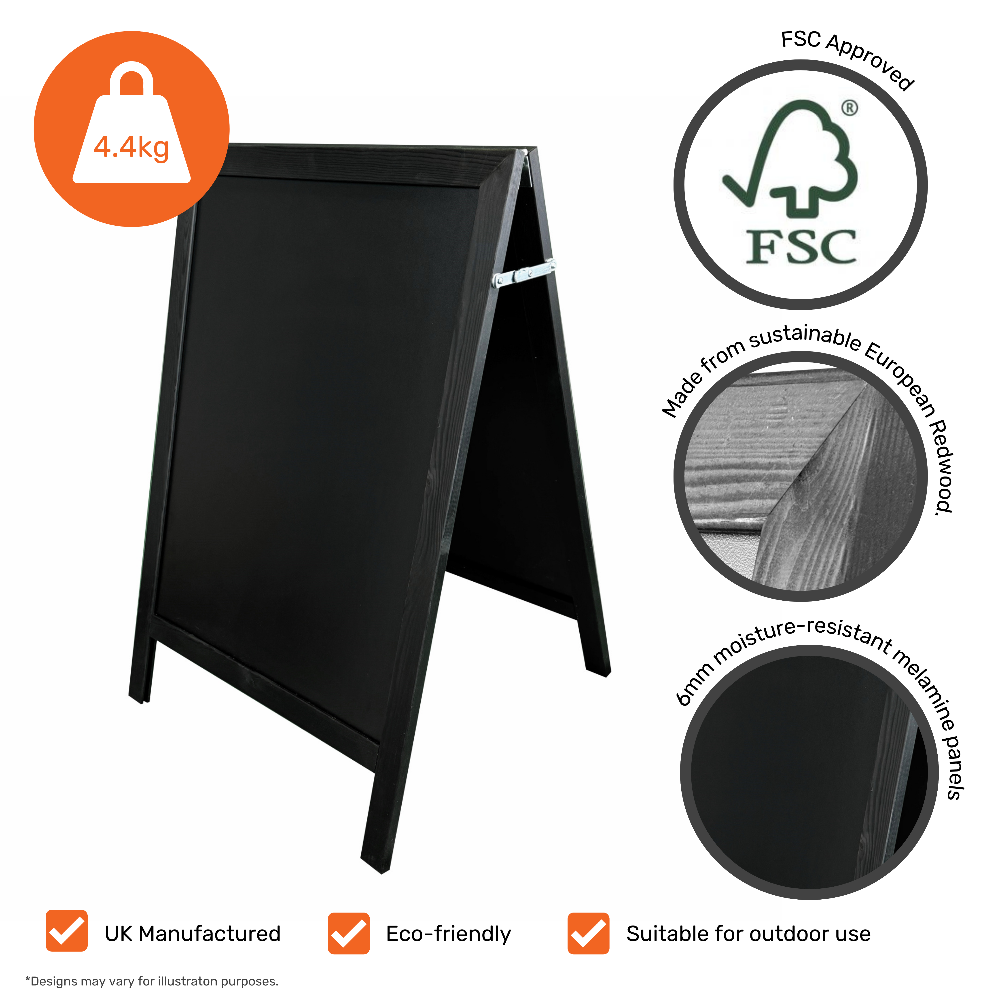 A high-quality black wooden outdoor chalk A-board sign, designed for pavement advertising, providing a classic and versatile display solution for businesses.