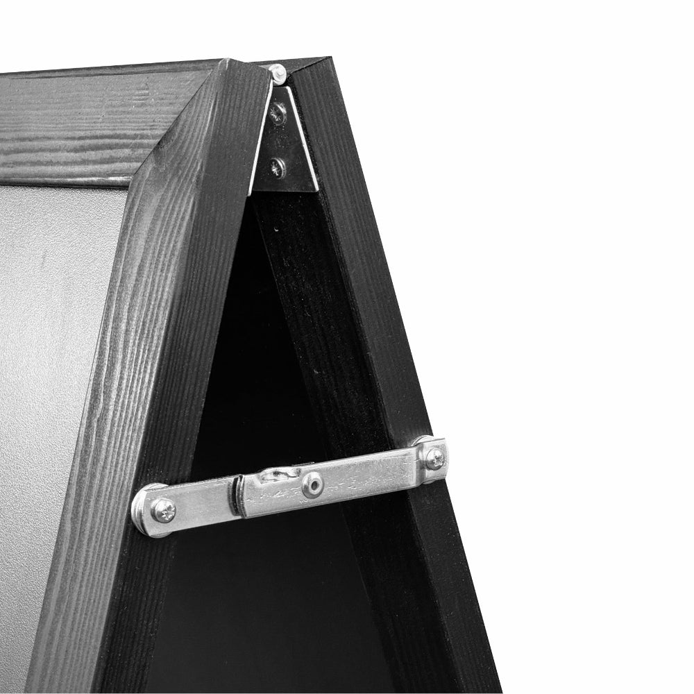 A durable 460 x 800mm black wooden chalk A-board sign, offering a rustic yet professional look, ideal for showcasing daily specials, promotions, or event details.