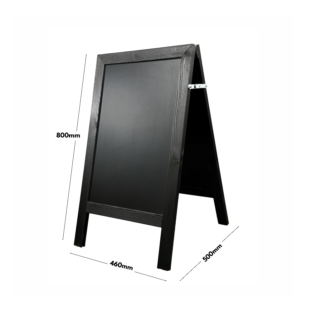 This weather-resistant black wooden A-board pavement sign, sized at 460 x 800mm, is perfect for outdoor use, allowing for easy customisation with chalk or liquid chalk markers.